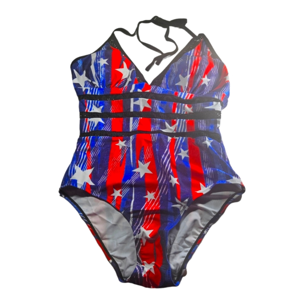 USA Flag Women's 1-Piece Swimsuit Tummy Control V Neck Halter Back